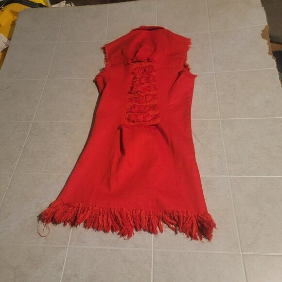 Aroma  Womens Red Sleeveless Pockets Button Fringe Jeans Vest Dress Size Small - Picture 7 of 7